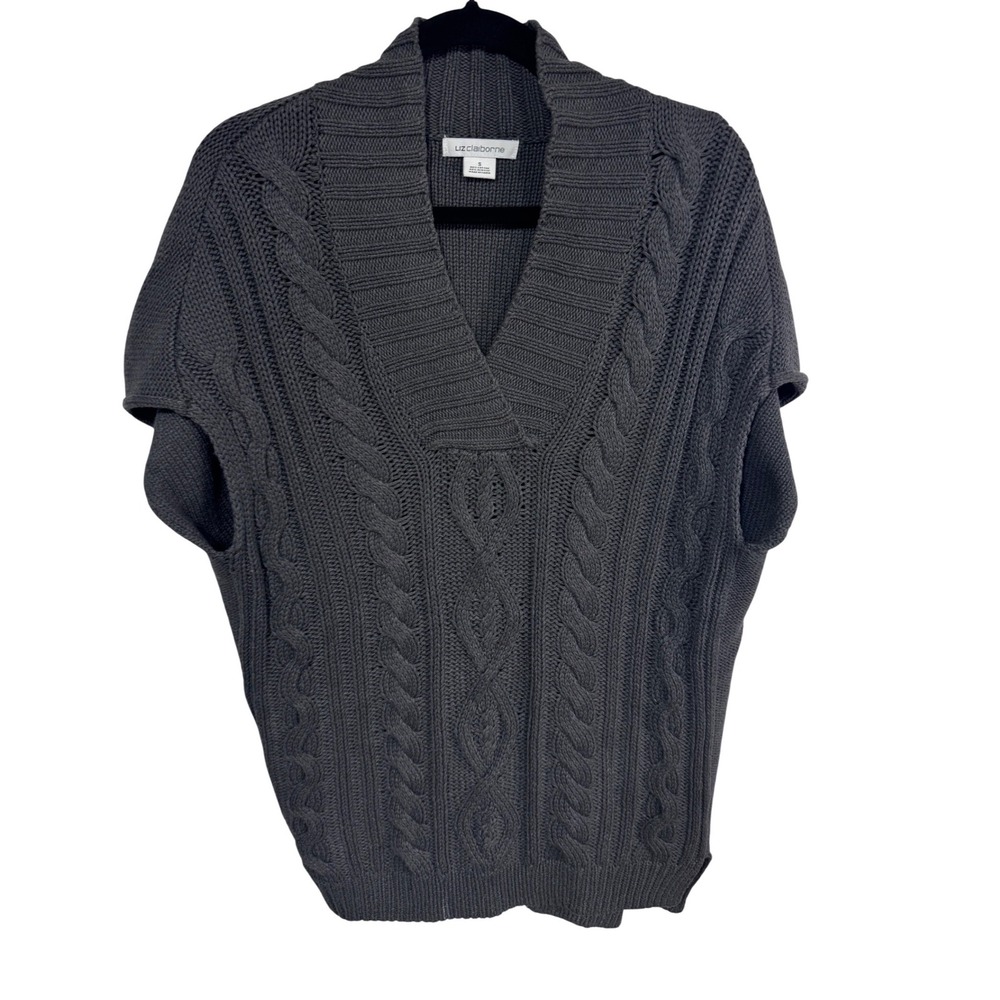 Liz Claiborne Sweater Vest Women's Cable Knit V-Neck Gray S